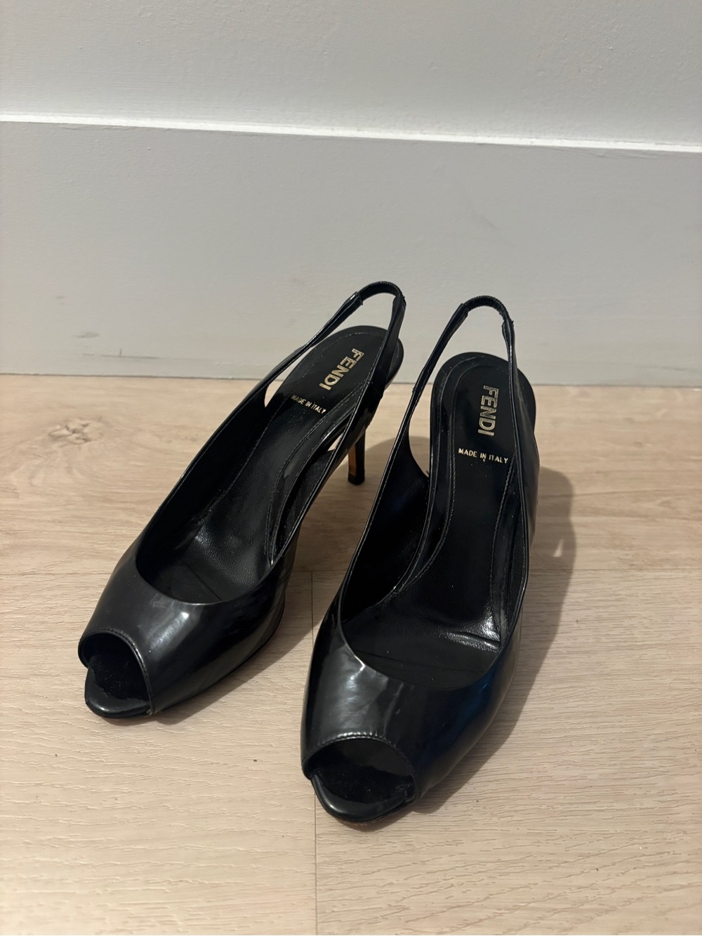 Fendi Black Patent Peep-Toe Slingback Heels